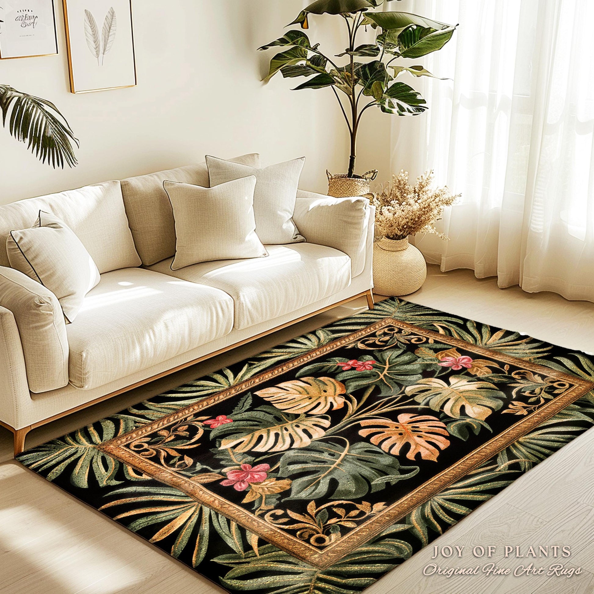 Dark Academia Monstera Lover Rug | Whimsical Botanical Statement Rug Exotic Foliage Dark Tropical Cottagecore Jungle Theme Indie Bedroom |