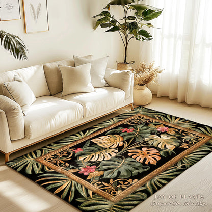 Dark Academia Monstera Lover Rug | Whimsical Botanical Statement Rug Exotic Foliage Dark Tropical Cottagecore Jungle Theme Indie Bedroom |