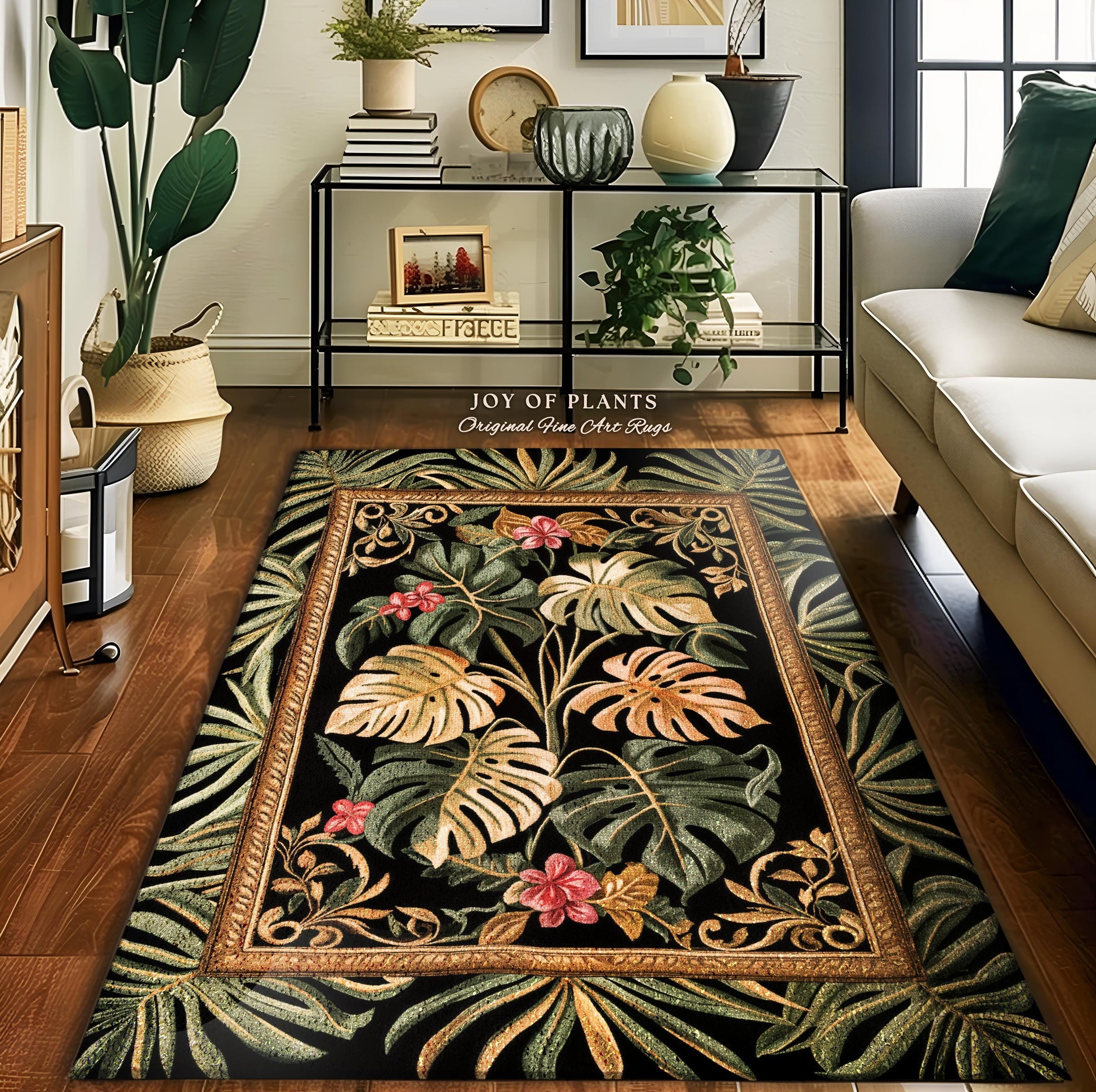 Dark Academia Monstera Lover Rug | Whimsical Botanical Statement Rug Exotic Foliage Dark Tropical Cottagecore Jungle Theme Indie Bedroom |