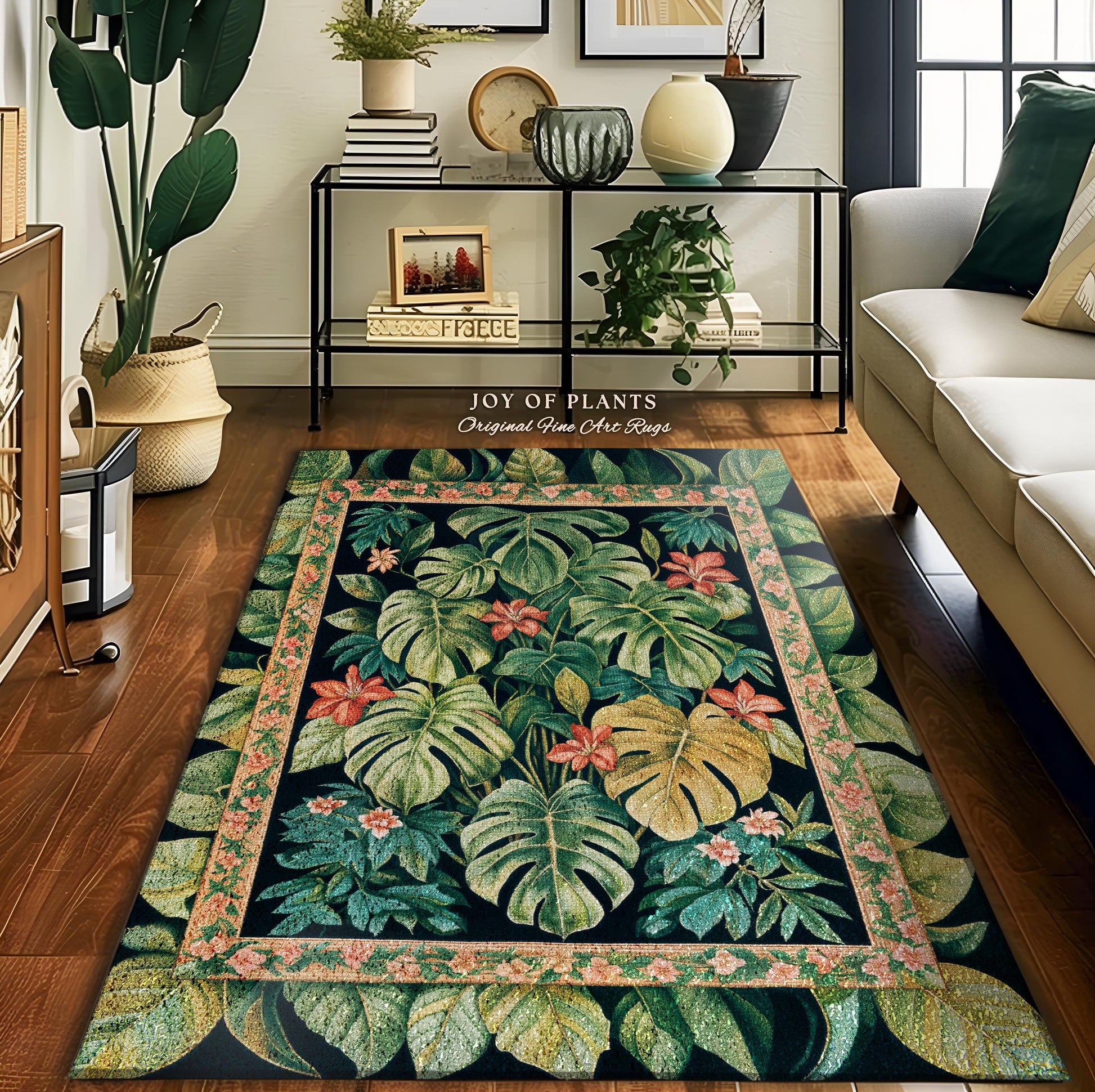 Pastel Greenery Monstera Area Rug | Floral Cottagecore Greenhouse Eclectic Botanical Maximalist Houseplant Lover Statement Rug Whimsical |