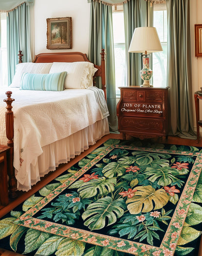 Pastel Greenery Monstera Area Rug | Floral Cottagecore Greenhouse Eclectic Botanical Maximalist Houseplant Lover Statement Rug Whimsical |