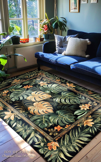 Indie Bedroom Tropical Accent Rug | Houseplant Lover Statement Rug Whimsical Greenery Monstera Area Rug Cottagecore Greenhouse Eclectic |