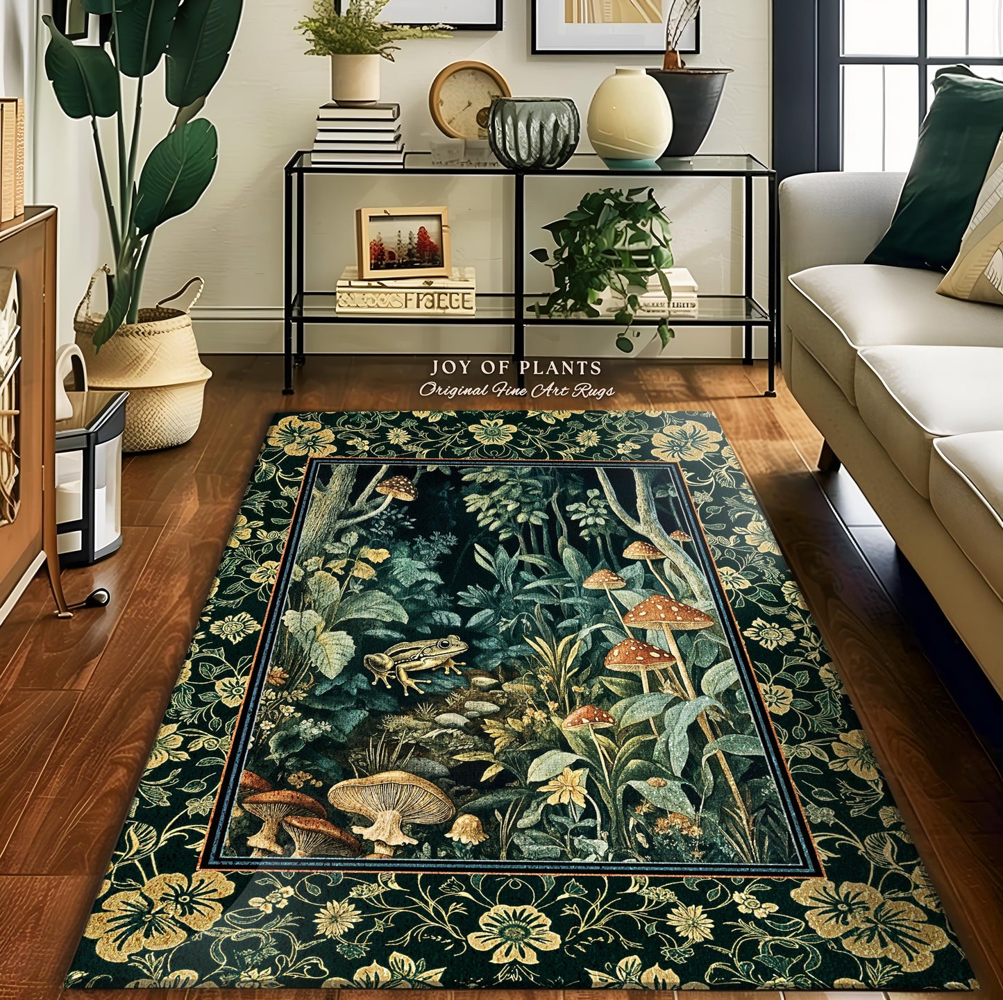 Magical Mushroom Folklore Forest Rug | Cute Woodland Area Rug for Bedroom Goblincore Forest Woodland Whimsy Toadstool Aesthetic Nature Lover