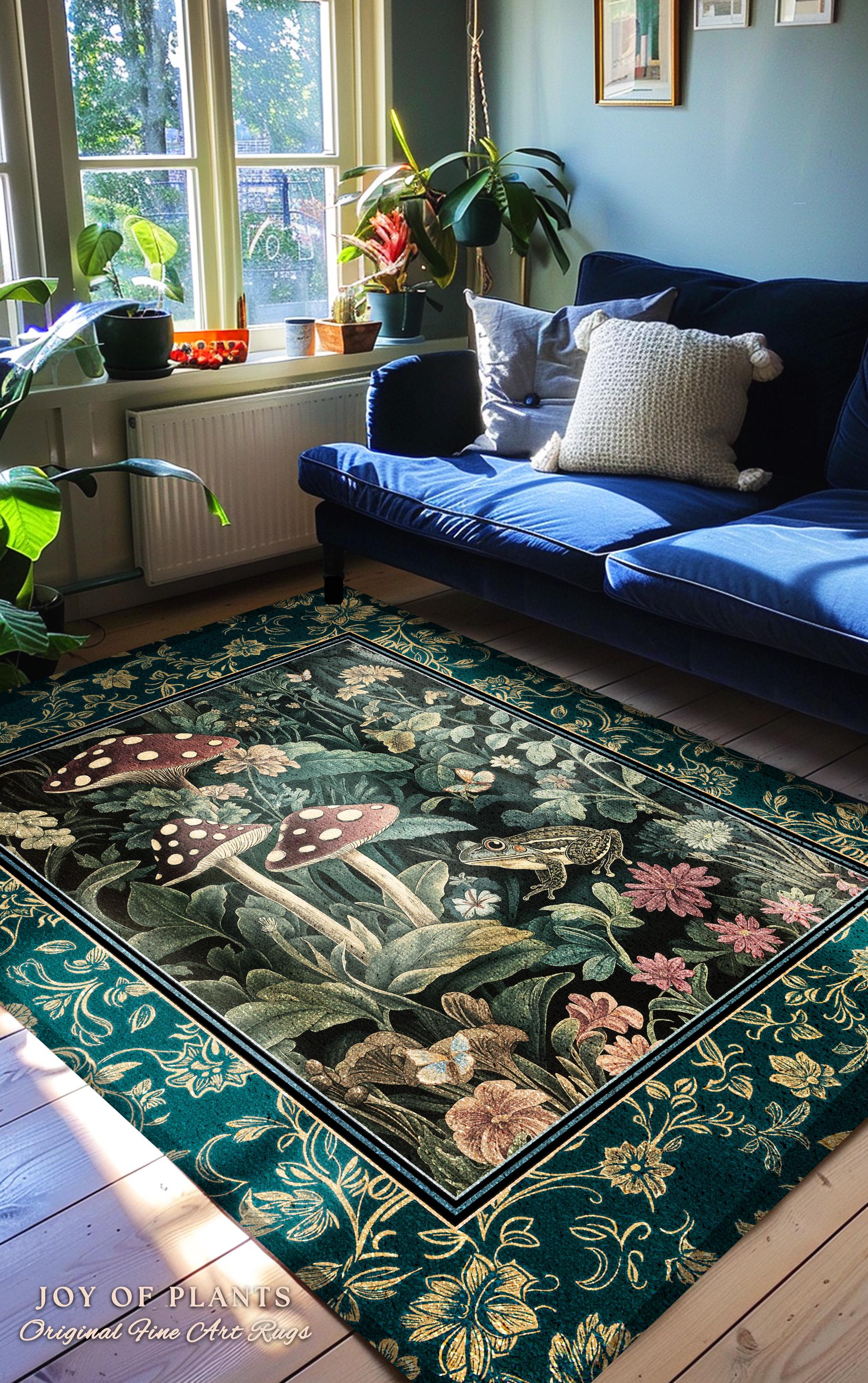 Fairytale Forest Mushroom Frog Area Rug | Trendy Aesthetic Cottagecore Botanical Accent Rug for Emerald Green Funky Woodland Book Nook |
