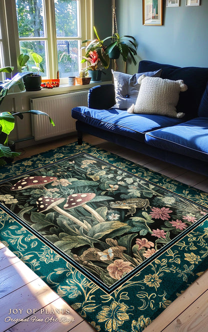 Fairytale Forest Mushroom Frog Area Rug | Trendy Aesthetic Cottagecore Botanical Accent Rug for Emerald Green Funky Woodland Book Nook |