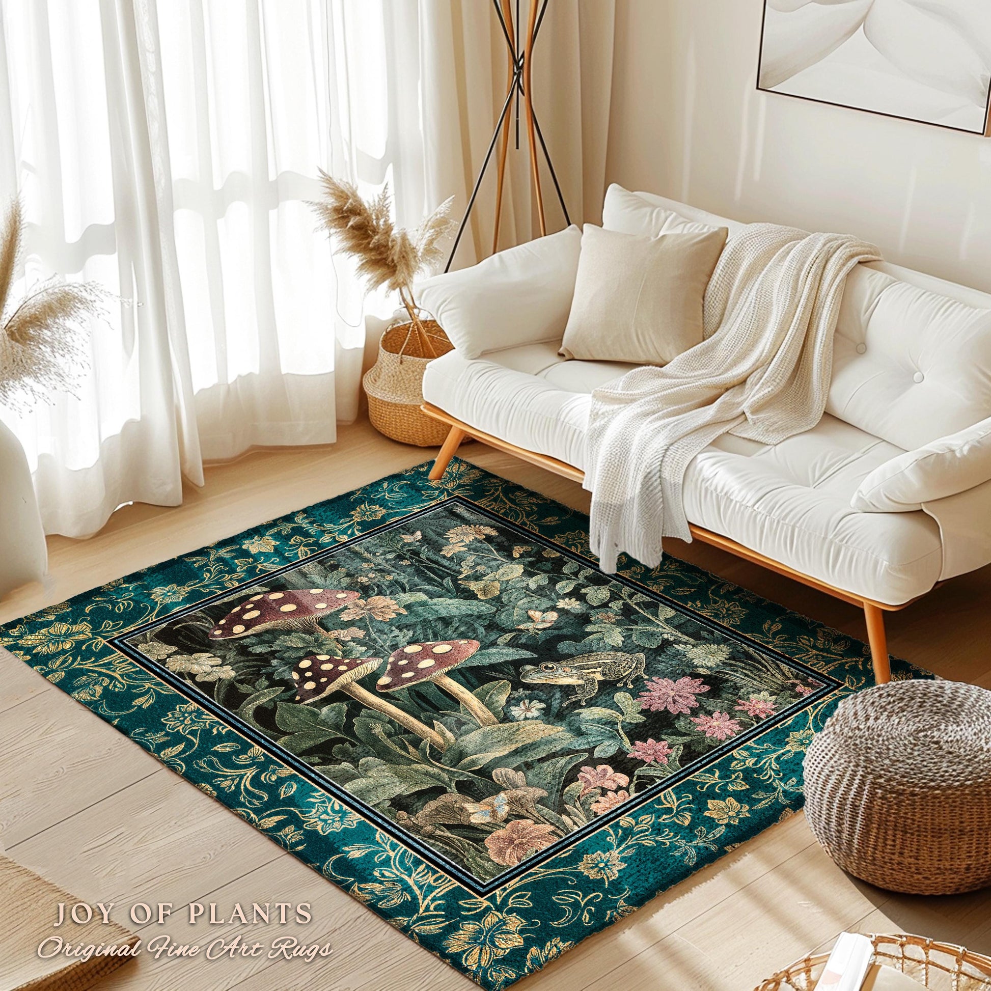 Fairytale Forest Mushroom Frog Area Rug | Trendy Aesthetic Cottagecore Botanical Accent Rug for Emerald Green Funky Woodland Book Nook |