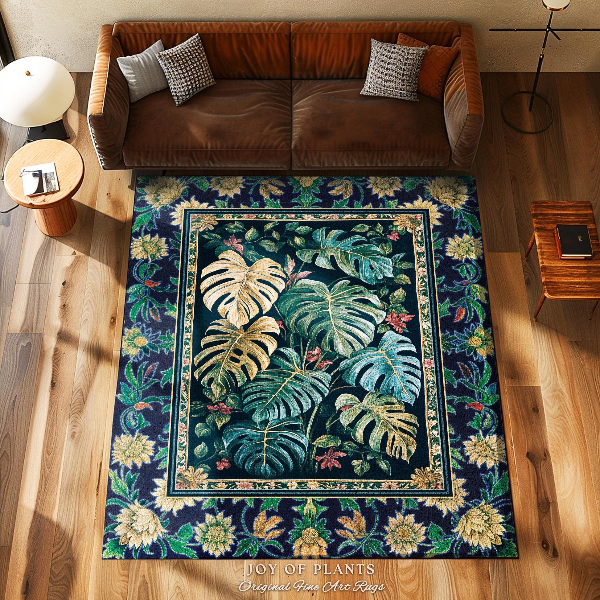Enchanting Forest Tropical Statement Rug | Earthy Green Colors Maximalist Elegant Statement Rug Woodland Moody Jungle Vibe Plant Lover Room