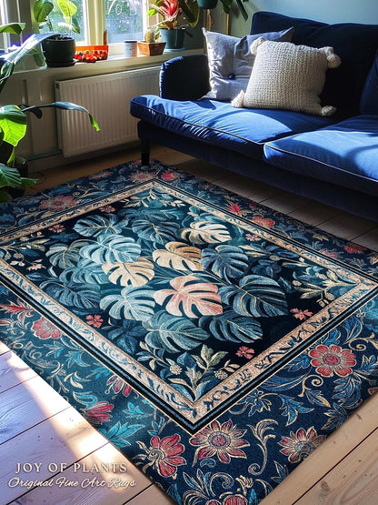 Bohemian Aesthetic Maximalist Rug | Dark Botanical Elegant Statement Rug Woodland Decor Houseplant Love Moody Jungle Vibe Monstera Area Rug