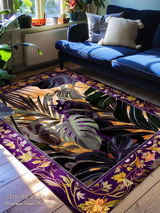 Enchanted Jungle Black Cat Rug Whimsical Monstera Moody Maximalism Whimsigoth Decor, Retro Gothic Dark Botanical Art Cottagecore Home Decor