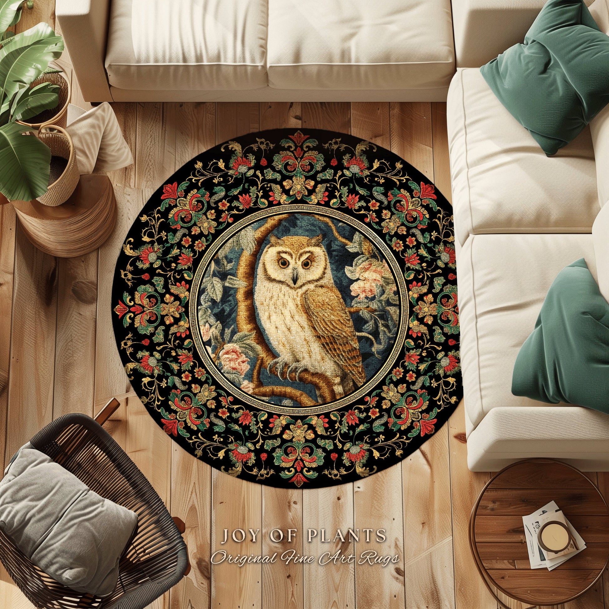 Ethereal Bedroom Round Owl Rug Morris Inspired Cottagecore Whimsical Room Soft Aesthetic Light Academia Style | Pastel Owl Home Decor Rug