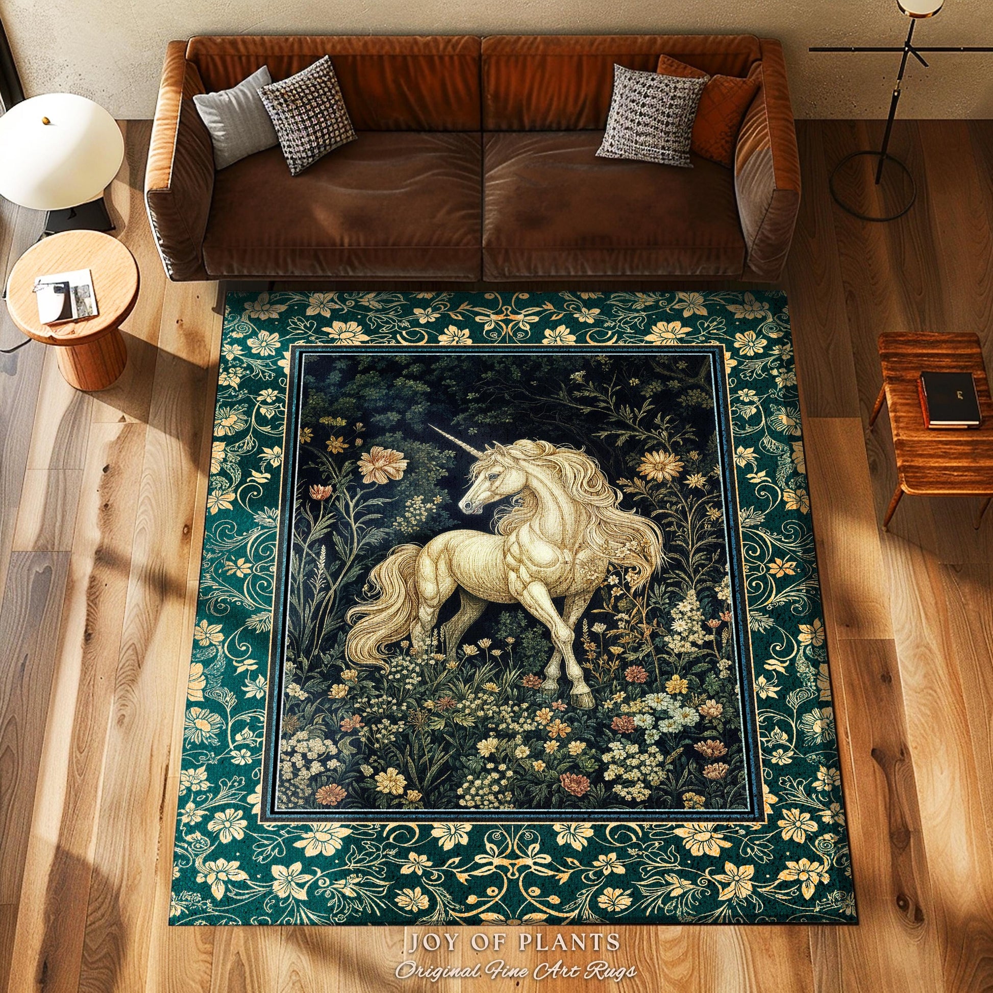 Magic Medieval Unicorn Accent Rug | Woodland Nature Vintage Aesthetic Area Rug Whimsical Bedroom Decor Magic Cottagecore Magical Creatures |