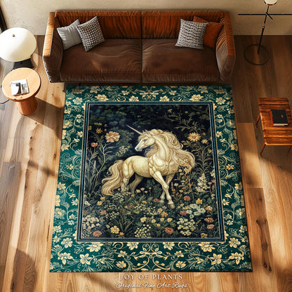 Magic Medieval Unicorn Accent Rug | Woodland Nature Vintage Aesthetic Area Rug Whimsical Bedroom Decor Magic Cottagecore Magical Creatures |