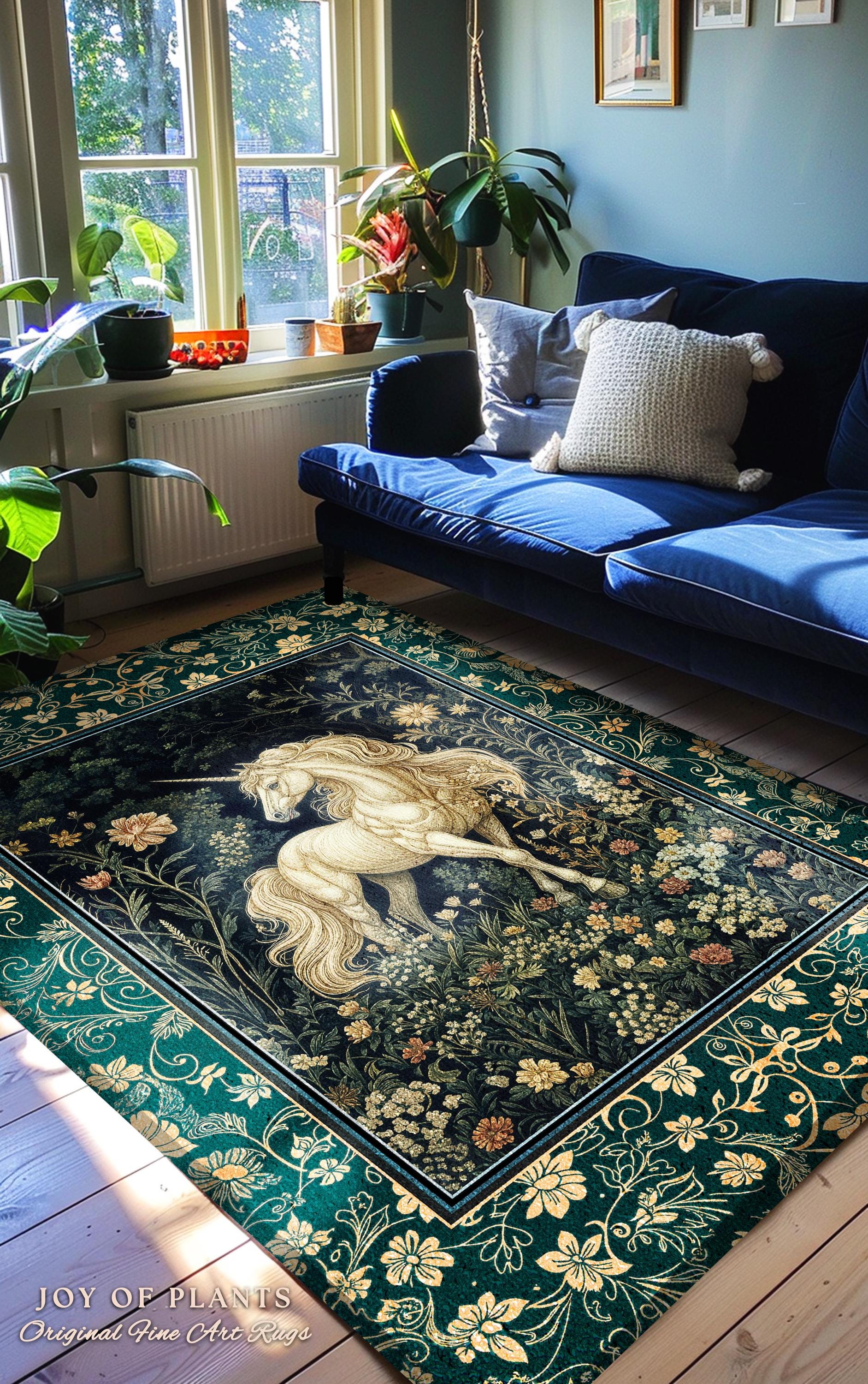 Magic Medieval Unicorn Accent Rug | Woodland Nature Vintage Aesthetic Area Rug Whimsical Bedroom Decor Magic Cottagecore Magical Creatures |