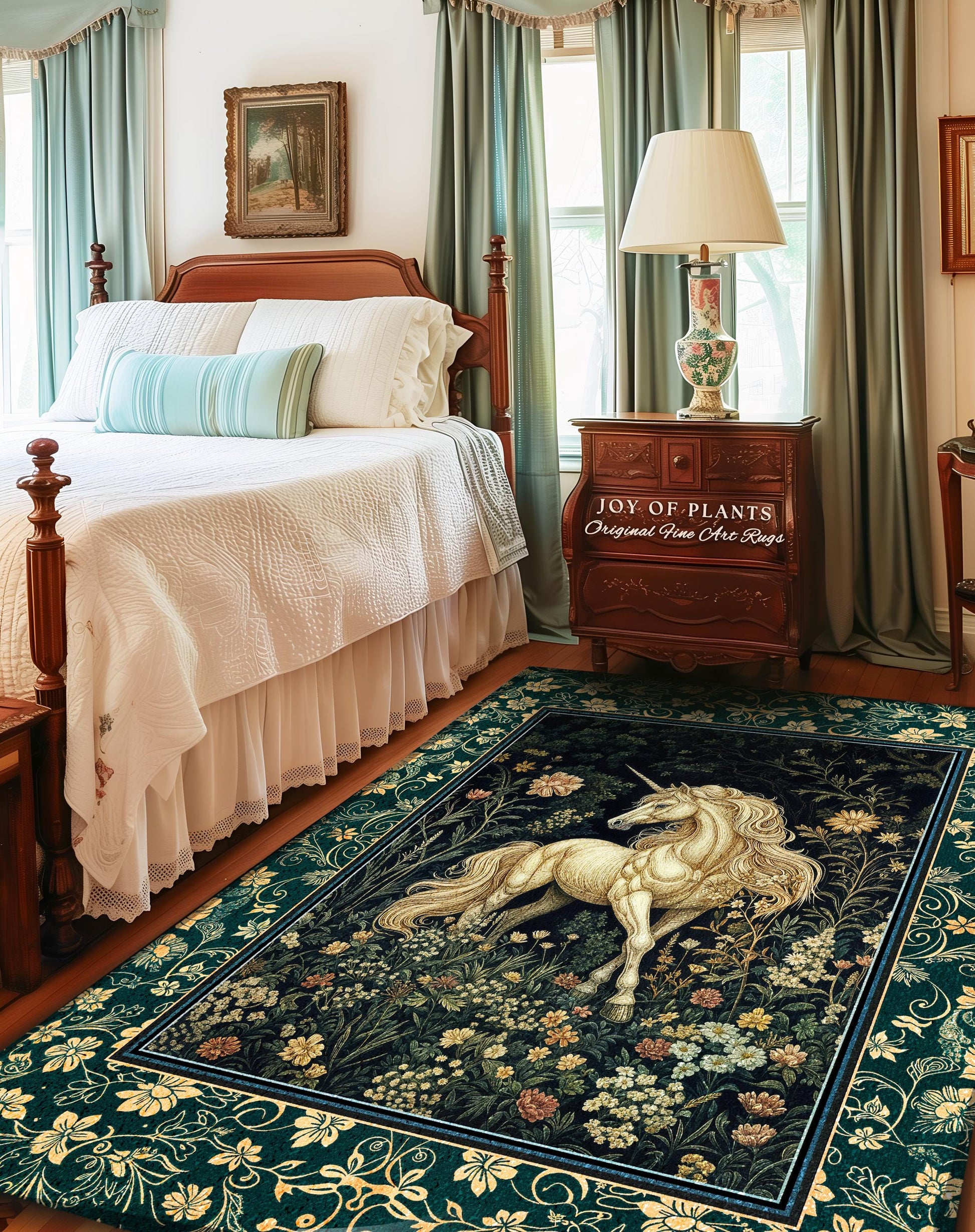Magic Medieval Unicorn Accent Rug | Woodland Nature Vintage Aesthetic Area Rug Whimsical Bedroom Decor Magic Cottagecore Magical Creatures |