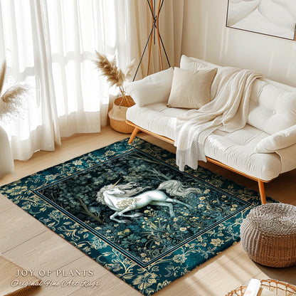 Enchanted Meadow Unicorn Area Rug | Victorian Fairycore Whimsical Ethereal Bedroom Rug Medieval Woodland Fairytale Magical Rustic Medieval |