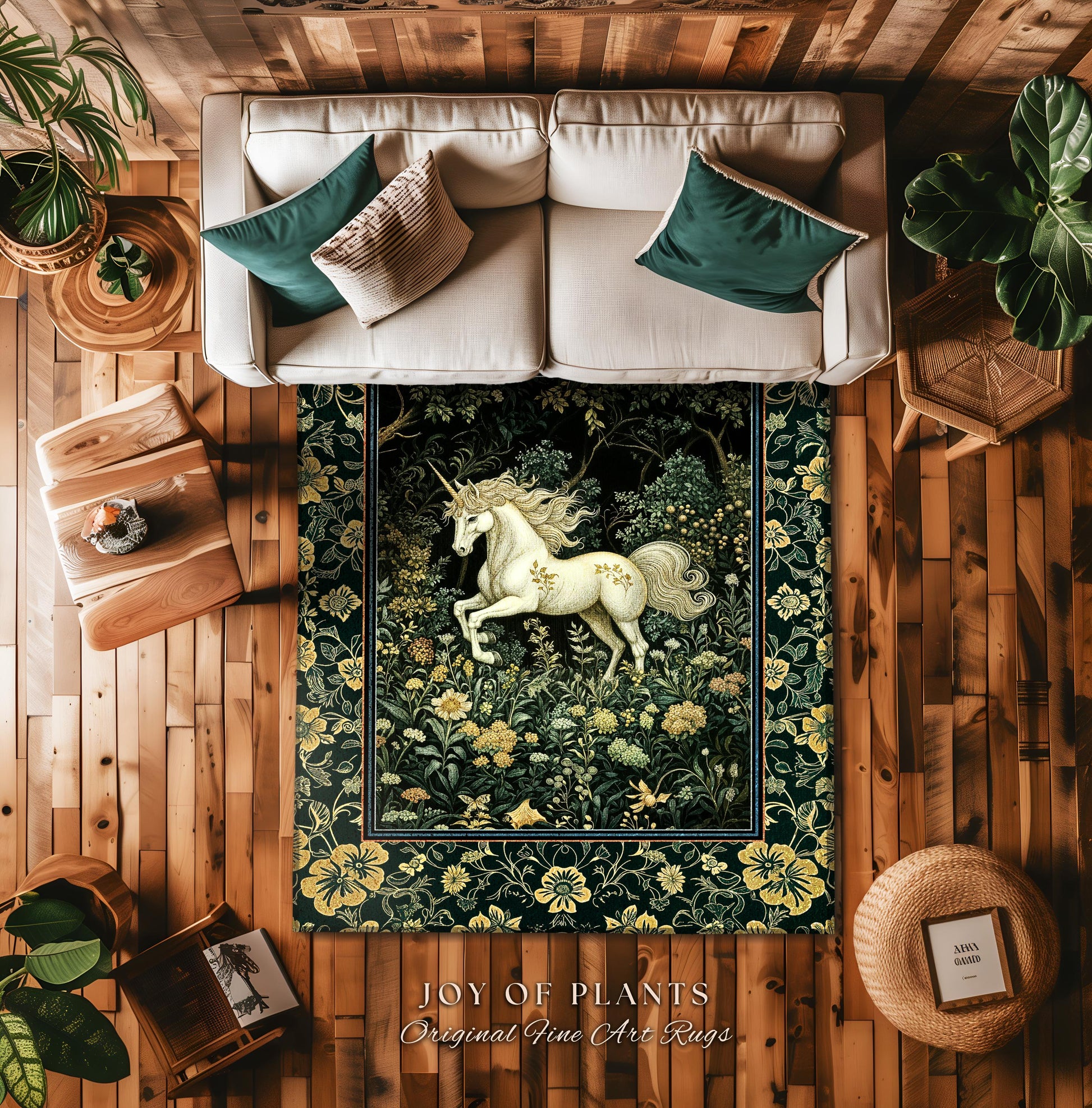 Earthy Ethereal Unicorn Bedroom Rug | Whimsical Nature Fairytale Magic Medieval Accent Rug Woodland Aesthetic Storybook Nostalgic Decor |