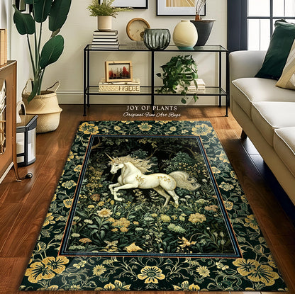 Earthy Ethereal Unicorn Bedroom Rug | Whimsical Nature Fairytale Magic Medieval Accent Rug Woodland Aesthetic Storybook Nostalgic Decor |