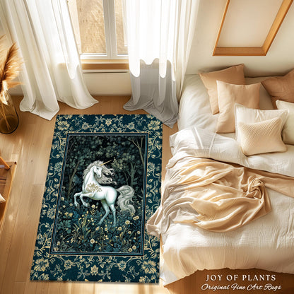 Enchanted Meadow Unicorn Area Rug | Victorian Fairycore Whimsical Ethereal Bedroom Rug Medieval Woodland Fairytale Magical Rustic Medieval |