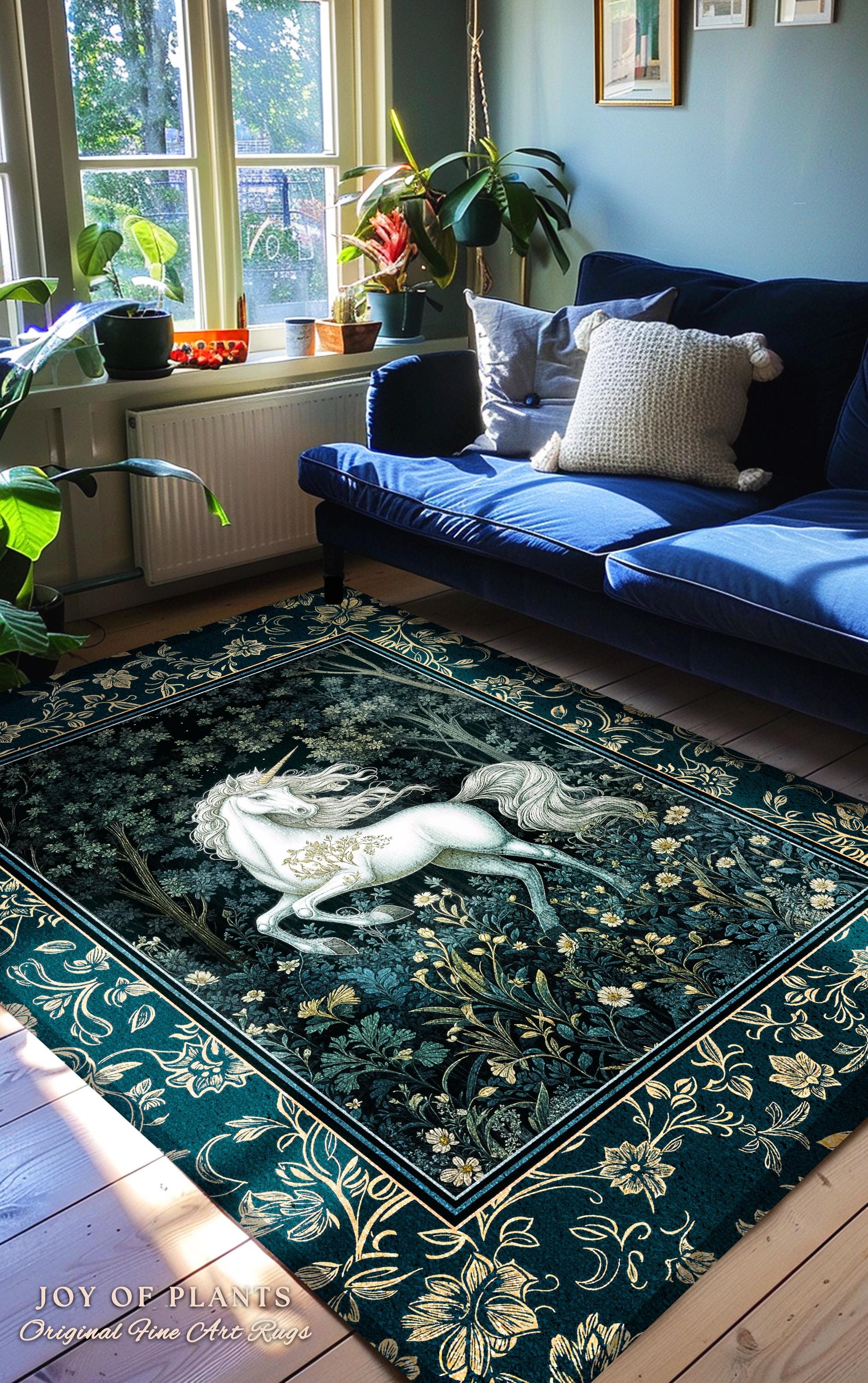 Enchanted Meadow Unicorn Area Rug | Victorian Fairycore Whimsical Ethereal Bedroom Rug Medieval Woodland Fairytale Magical Rustic Medieval |
