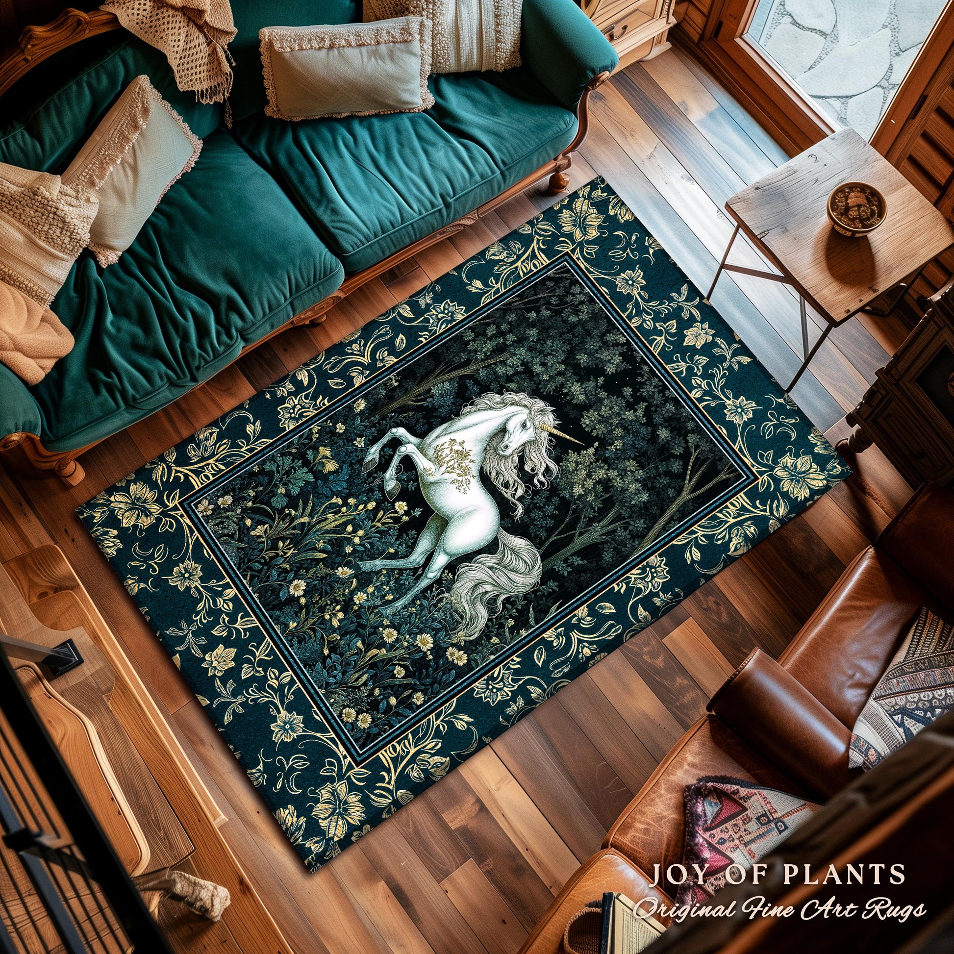 Enchanted Meadow Unicorn Area Rug | Victorian Fairycore Whimsical Ethereal Bedroom Rug Medieval Woodland Fairytale Magical Rustic Medieval |
