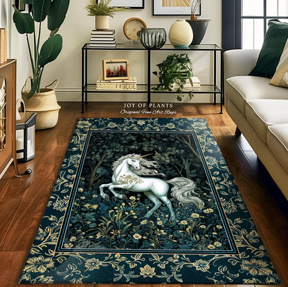 Enchanted Meadow Unicorn Area Rug | Victorian Fairycore Whimsical Ethereal Bedroom Rug Medieval Woodland Fairytale Magical Rustic Medieval |