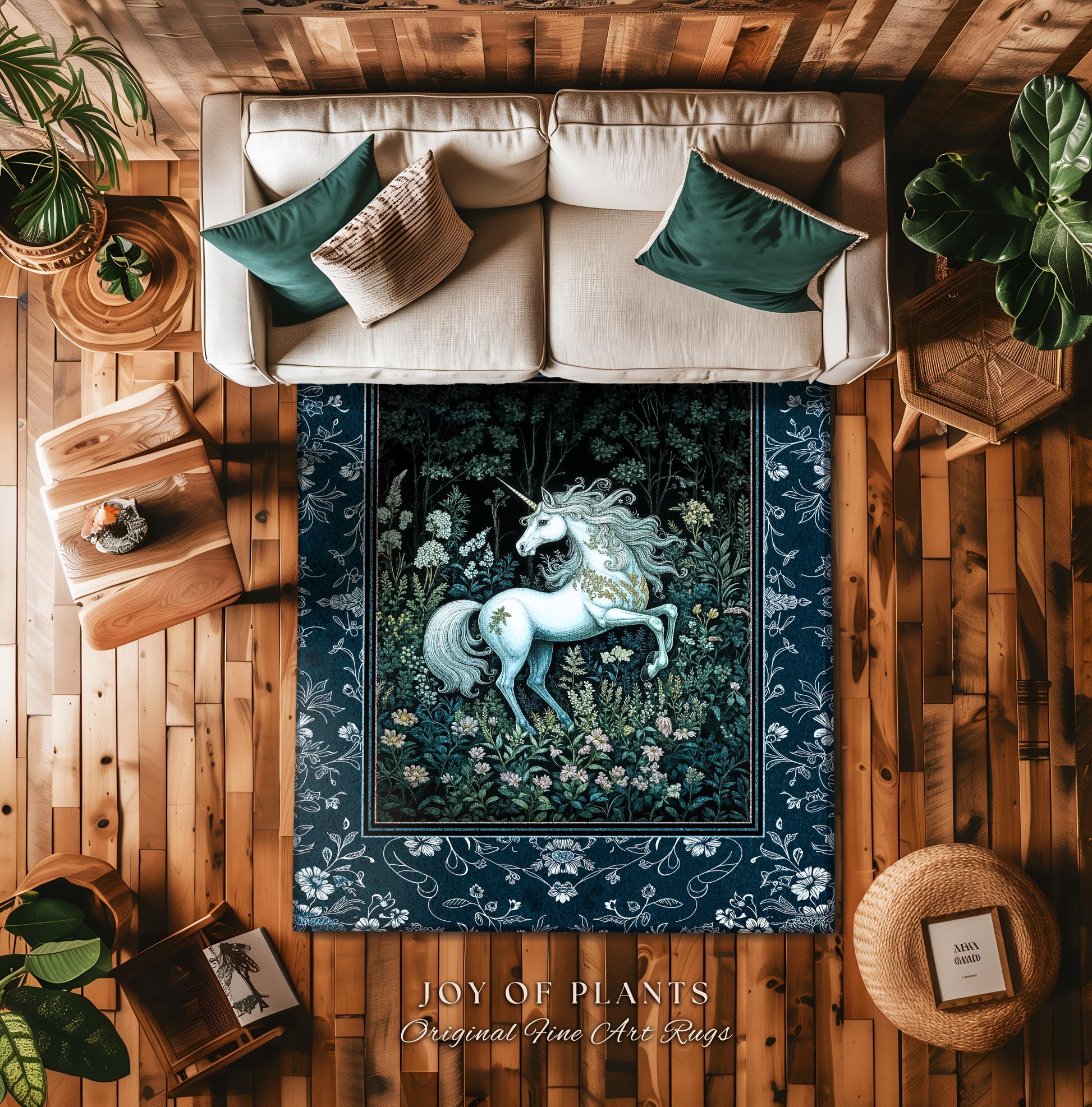 Midnight Magic Unicorn Area Rug | Dark Botanical Maximalist Bedroom Colorful Whimsical Victorian Fairycore Accent Rug Medieval Castlecore |
