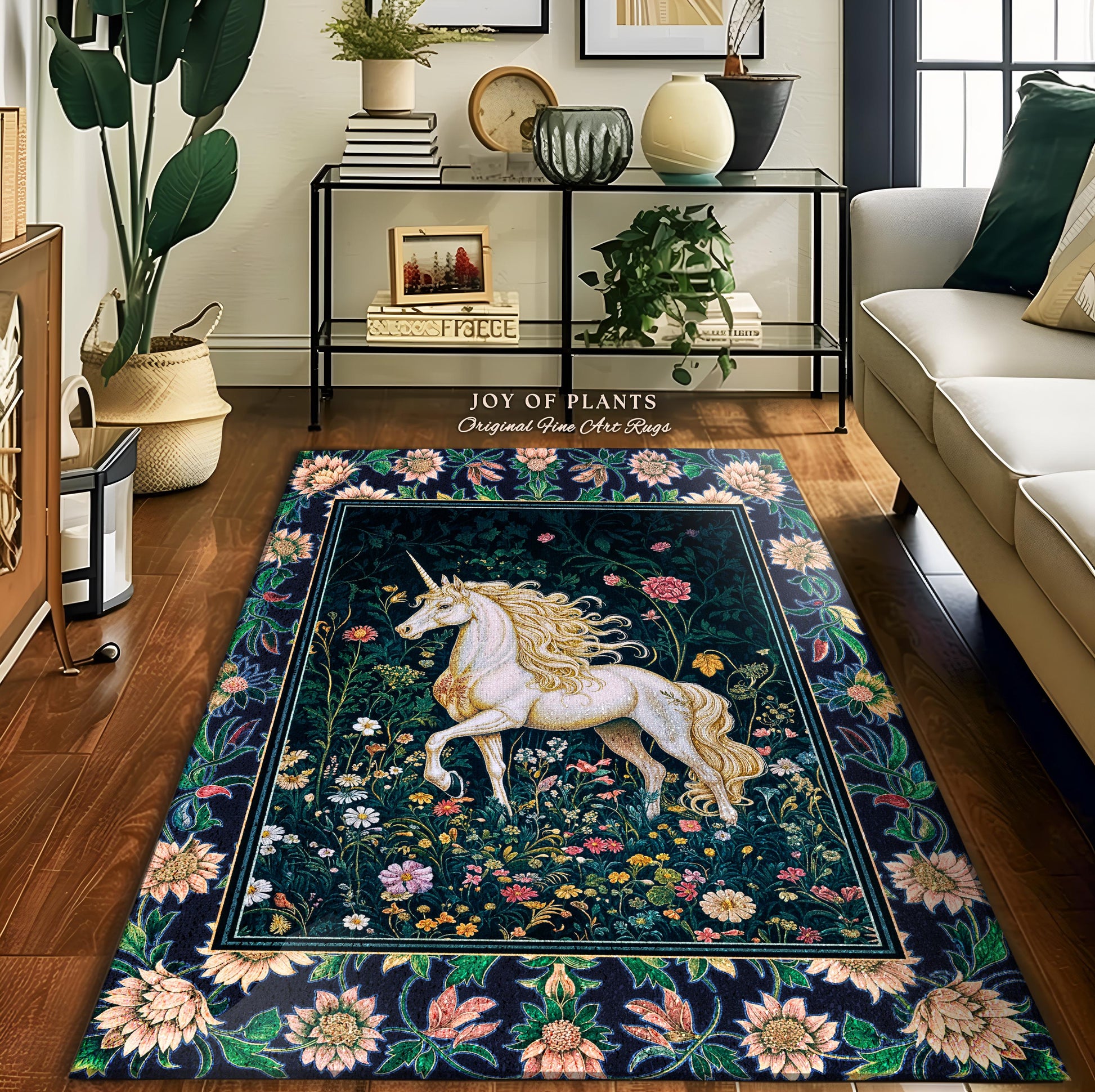 Storybook Elegance Magical Accent Rug | Unicorn Area Rug Dark Fairytale Gothic Maximalist Colorful Whimsical Victorian Fairycore Area Rug |
