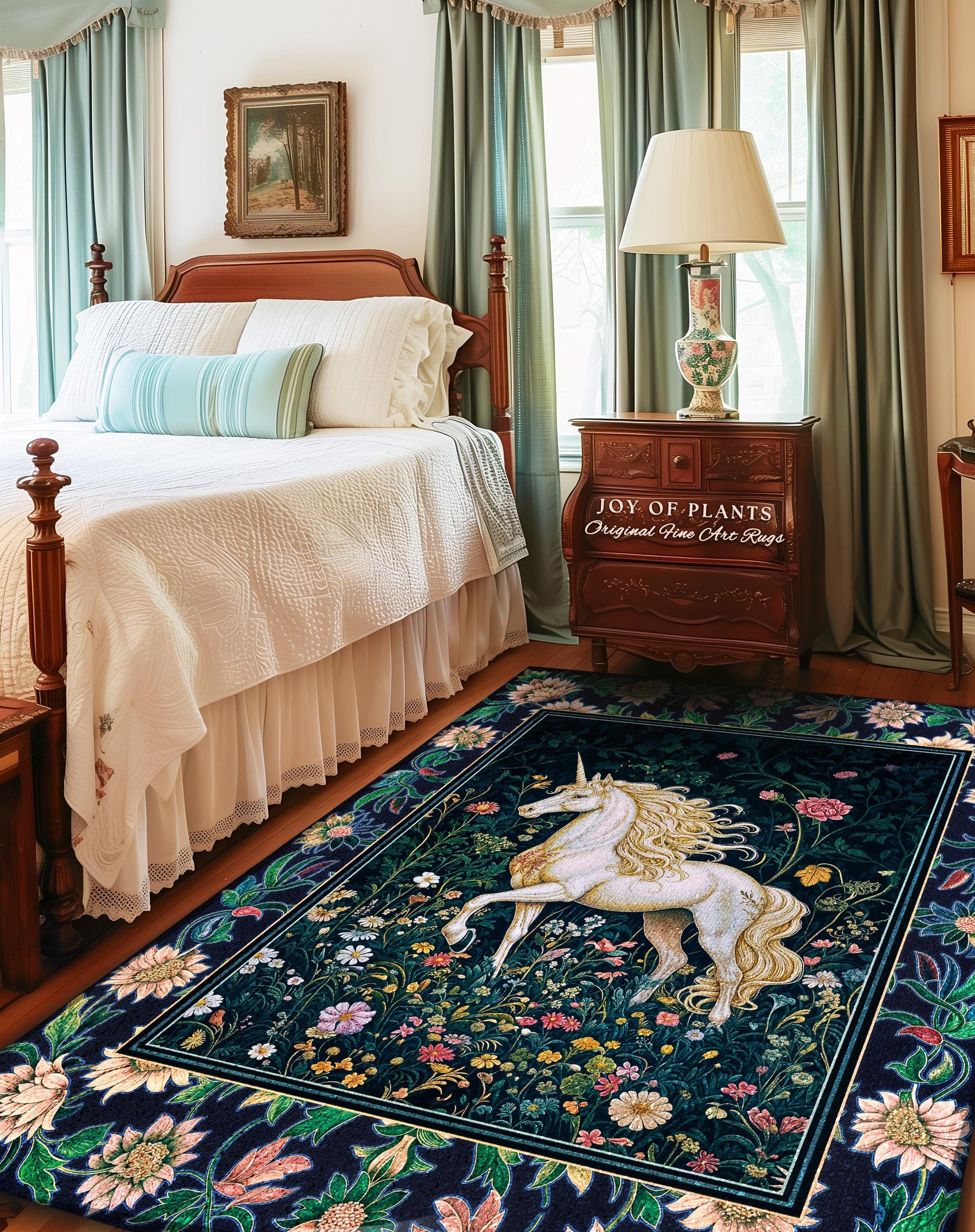 Storybook Elegance Magical Accent Rug | Unicorn Area Rug Dark Fairytale Gothic Maximalist Colorful Whimsical Victorian Fairycore Area Rug |