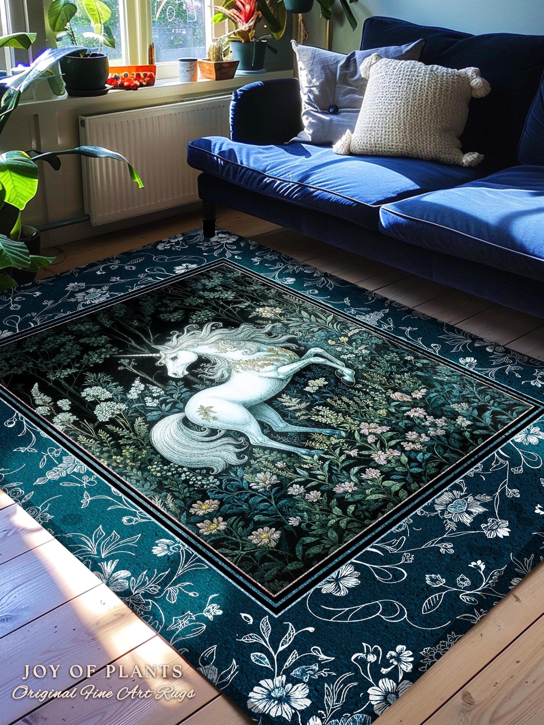 Midnight Magic Unicorn Area Rug | Dark Botanical Maximalist Bedroom Colorful Whimsical Victorian Fairycore Accent Rug Medieval Castlecore |