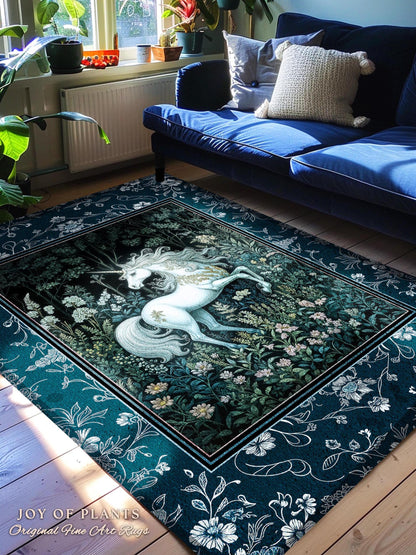 Midnight Magic Unicorn Area Rug | Dark Botanical Maximalist Bedroom Colorful Whimsical Victorian Fairycore Accent Rug Medieval Castlecore |
