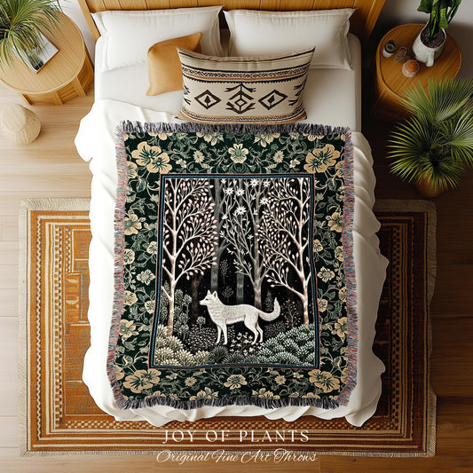 Pastel Cottagecore Wolf Throw Blanket | Whimsical Botanical Nursery Scandinavian Folklore Woven Tapestry Storybook Aesthetic Boho Florals |