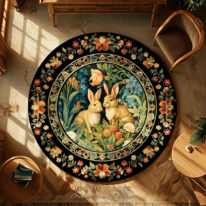 Pastel Floral Rabbit Bedroom Decor William Morris Inspired Cottagecore Room Light Academia Rug | Mystical Home Bunnies in the Tulips Rug