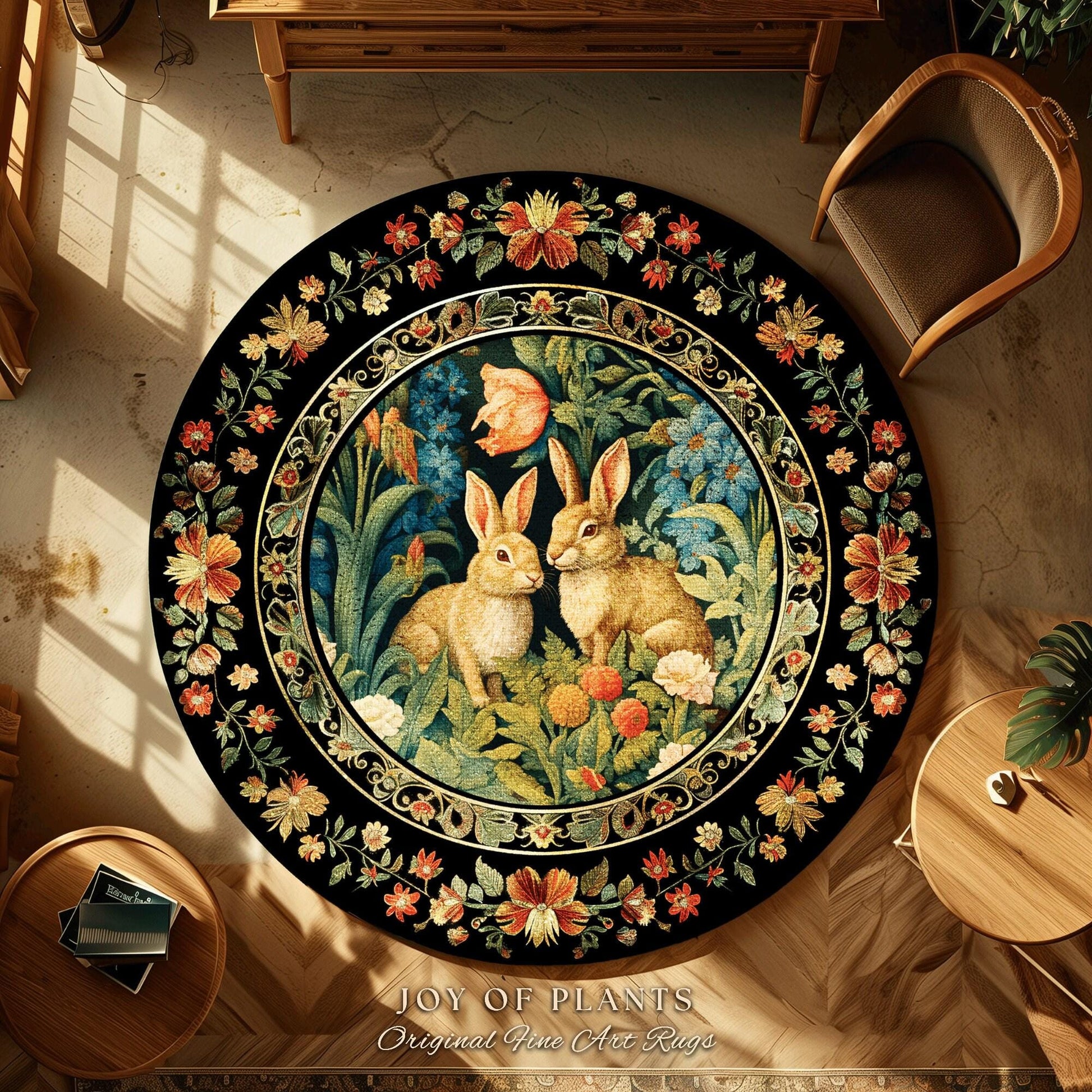 Pastel Floral Rabbit Bedroom Decor William Morris Inspired Cottagecore Room Light Academia Rug | Mystical Home Bunnies in the Tulips Rug
