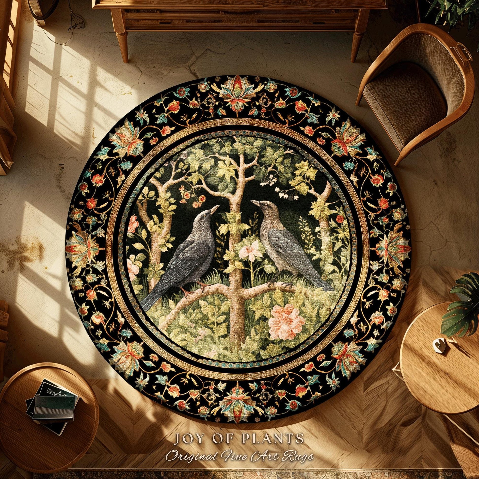 Whimsical Forestcore Raven Rug Eclectic Bedroom Decor Morris Inspired Cottagecore, Dark Academia Mystical Crowcore Woodland Forest Crow Rug