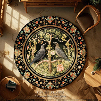 Whimsical Forestcore Raven Rug Eclectic Bedroom Decor Morris Inspired Cottagecore, Dark Academia Mystical Crowcore Woodland Forest Crow Rug