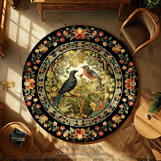 Crowcore Forest Round Raven Rug Bedroom Decor Morris Inspired Victorian Room Dark Academia Style, Mystical Woodland Birds Cottagecore Accent