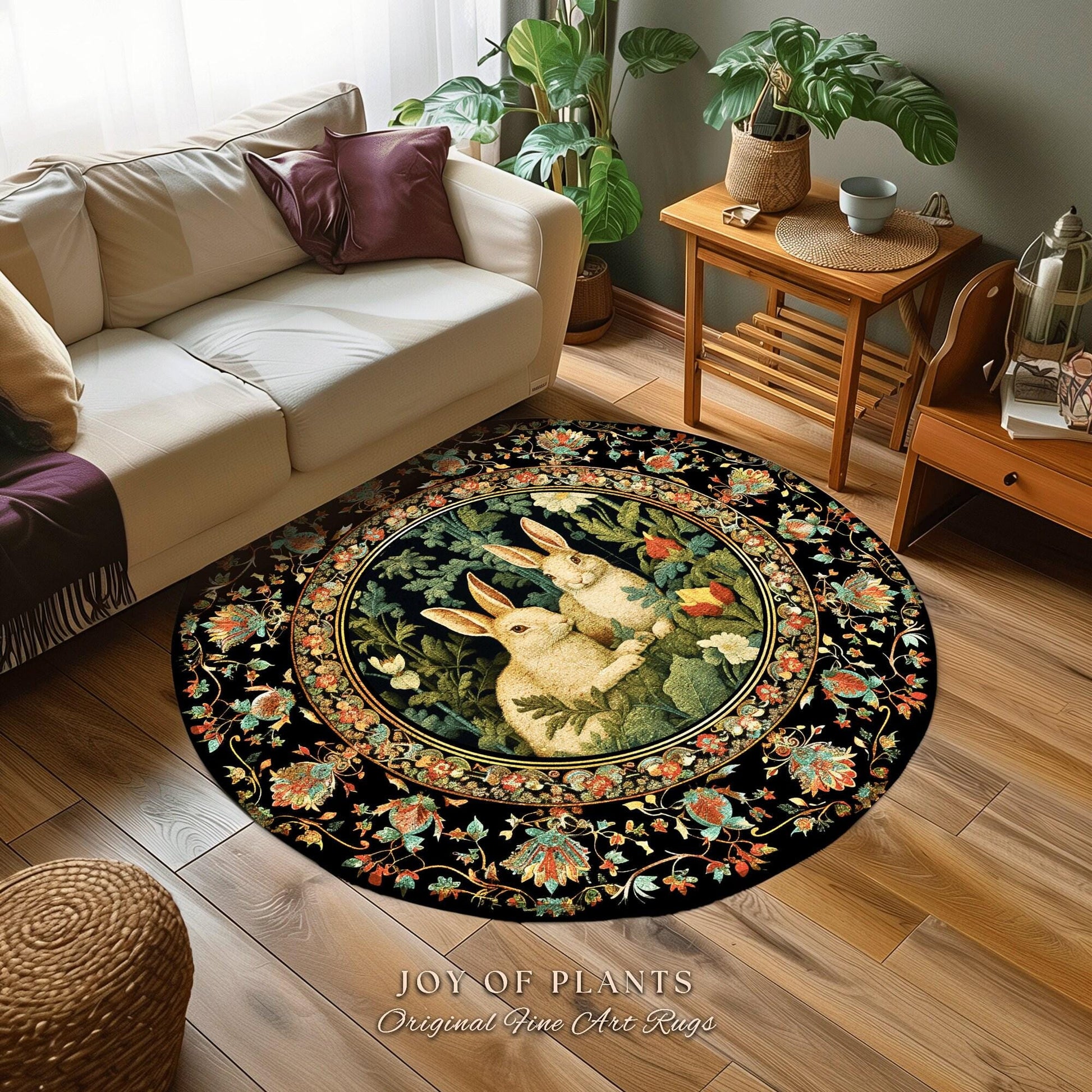 Botanical Bedroom Decor Round Bunny Rabbit Rug Morris Inspired Cottagecore Woodland Whimsy Style Home | Floral Bunny Rabbit Fairycore Rug