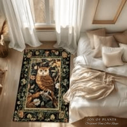 Whimsigoth Owl Area Rug | Ethereal Book Nook Decor William Morris Inspired Gift for Reader Whimsical Room Soft Aesthetic Dark Academia Style