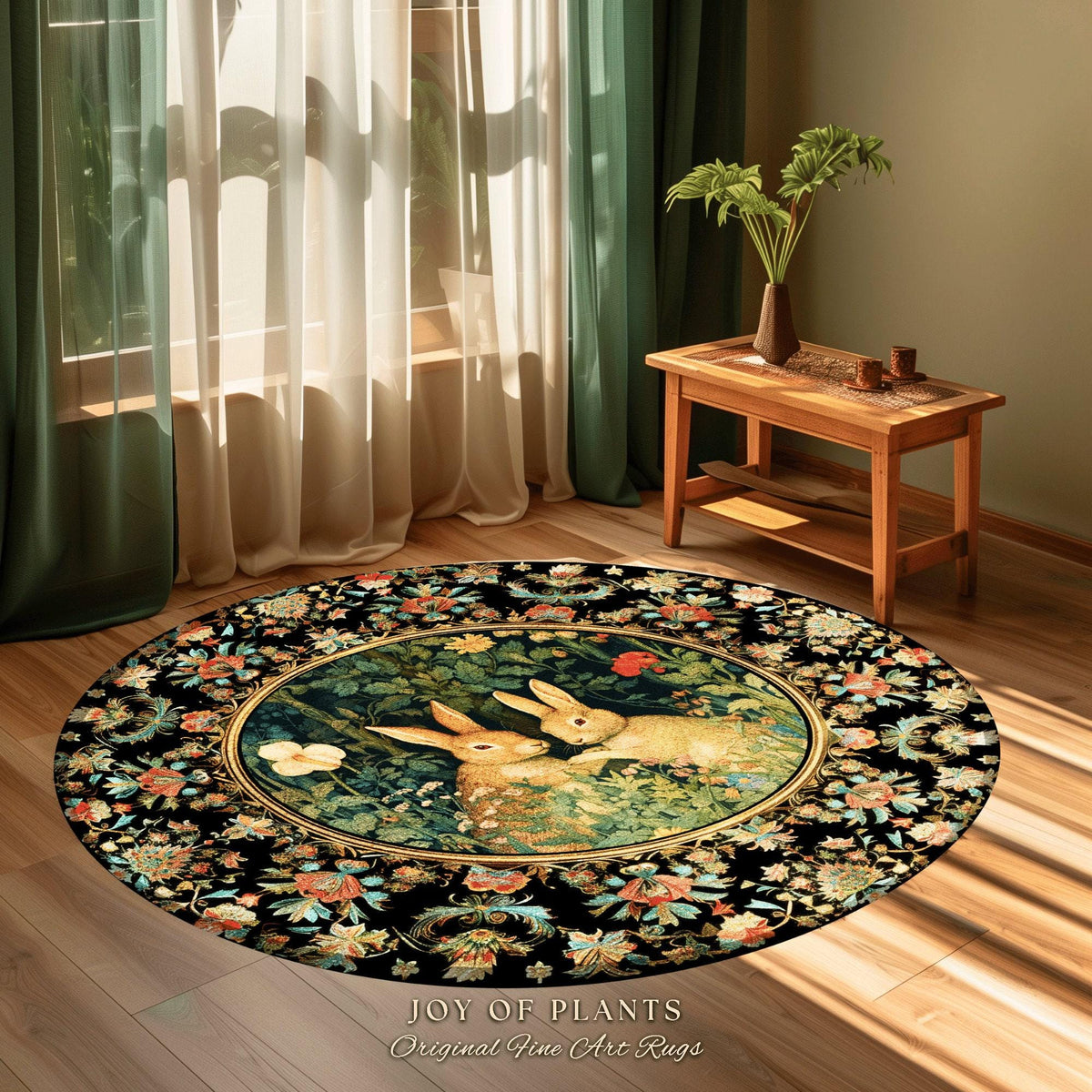 Botanical Bedroom Decor Round Bunny Rug Morris Inspired Cottagecore Room Light Academia Livingroom Rug Woodland Home | Fairycore Rabbit Rug