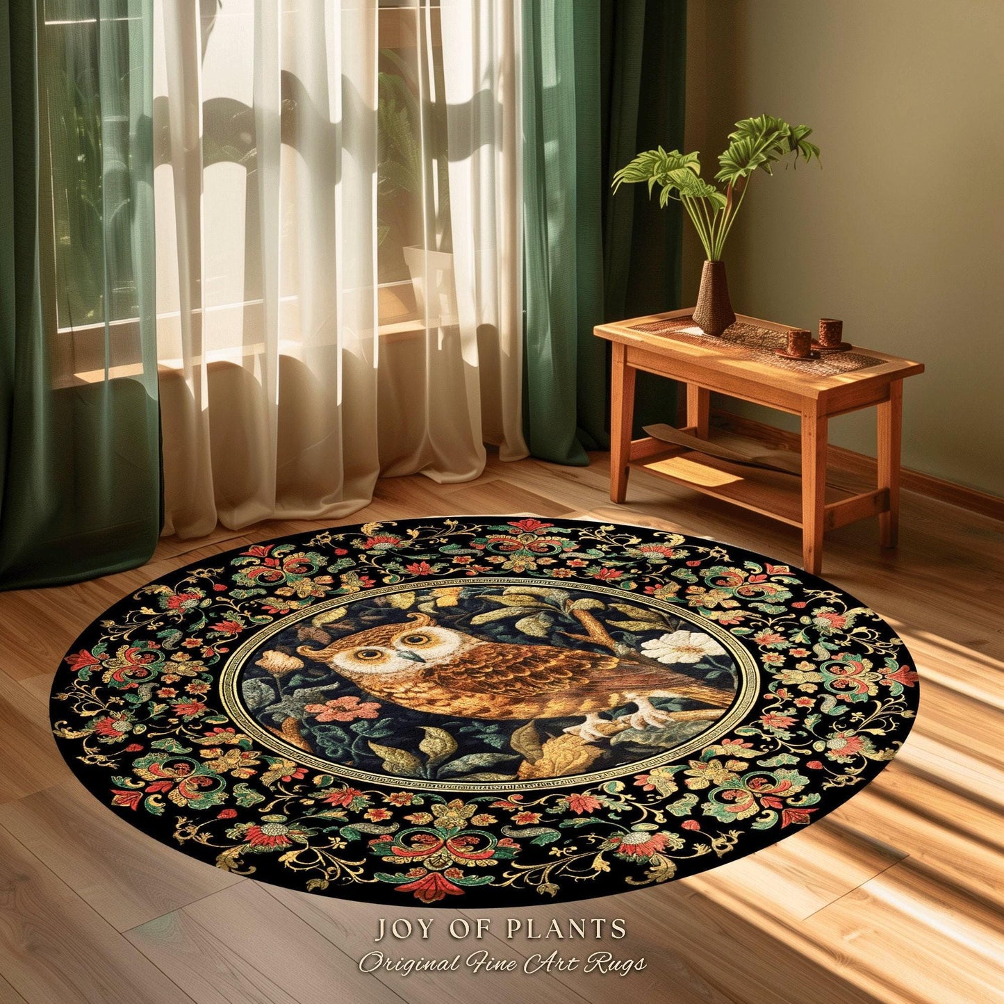 Whimsical Floral Round Owl Rug Ethereal Woodland Book Nook Decor Morris Inspired, Soft Cottagecore Academia Style Forestcore Whimsy Owl Rug