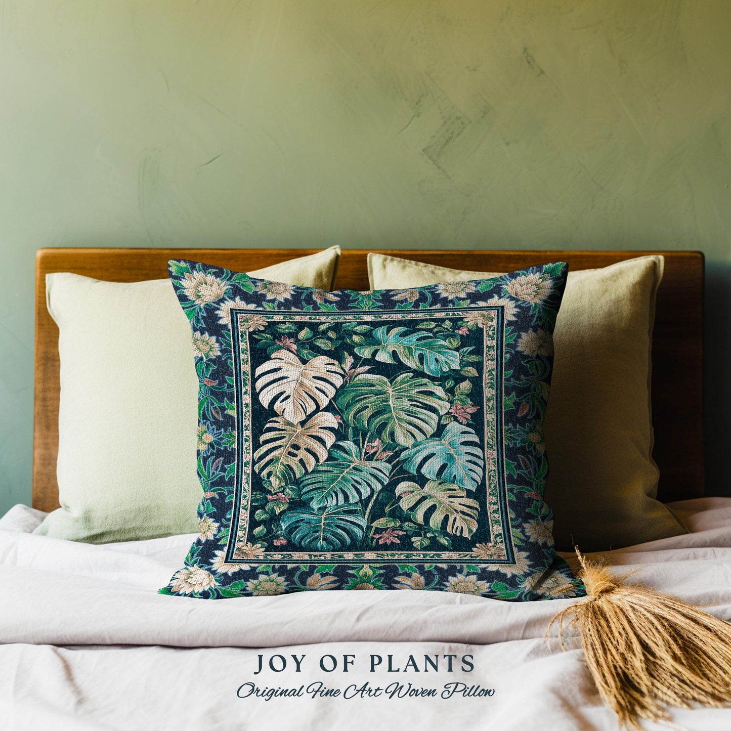 Elegant Jungle Leaves Pillow Woven | Dreamy Cottagecore Maximalist Tapestry Cushion for Houseplant Lover Cute Forestcore Monstera Jungle