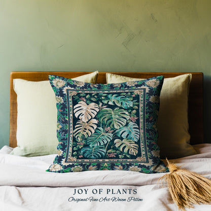 Elegant Jungle Leaves Pillow Woven | Dreamy Cottagecore Maximalist Tapestry Cushion for Houseplant Lover Cute Forestcore Monstera Jungle