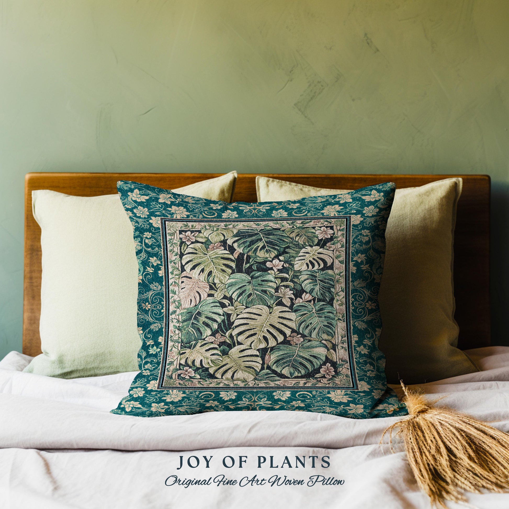 Cozy Plant Room Throw Pillow | Jungle Vibes Dark Academia Woven Cushion Houseplant Lover Housewarming Gift Whimsigoth Eclectic Bedroom |