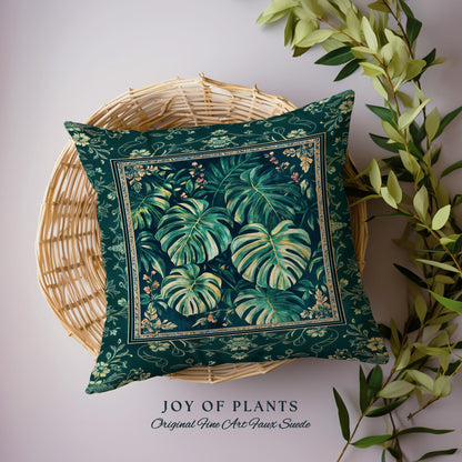 Jungle Inspired Emerald Green Pillow | Monstera Throw Pillow Moody Bedroom Woven Tapestry Cushion Trendy Tropigoth Room Accent Botanical |