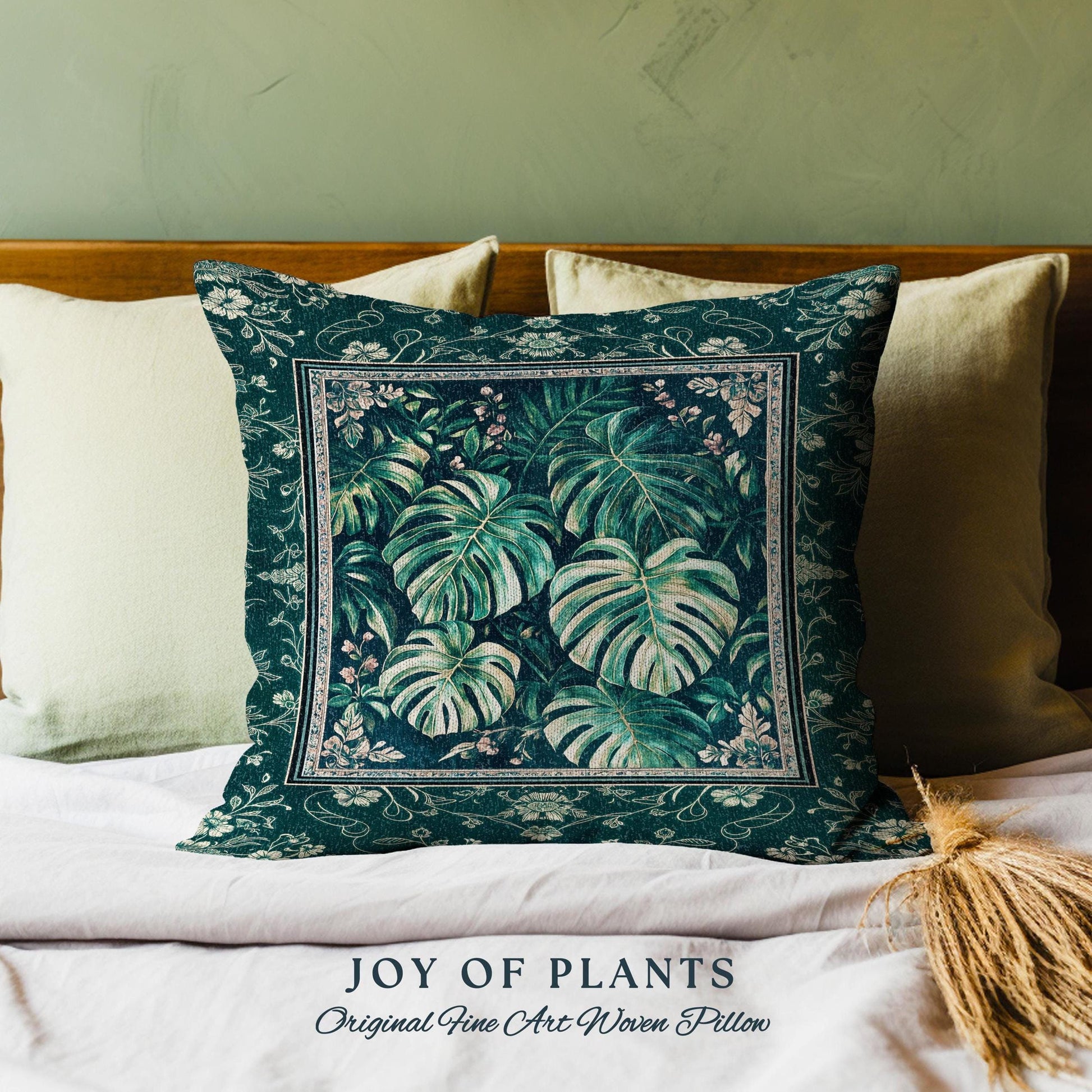 Jungle Inspired Emerald Green Pillow | Monstera Throw Pillow Moody Bedroom Woven Tapestry Cushion Trendy Tropigoth Room Accent Botanical |