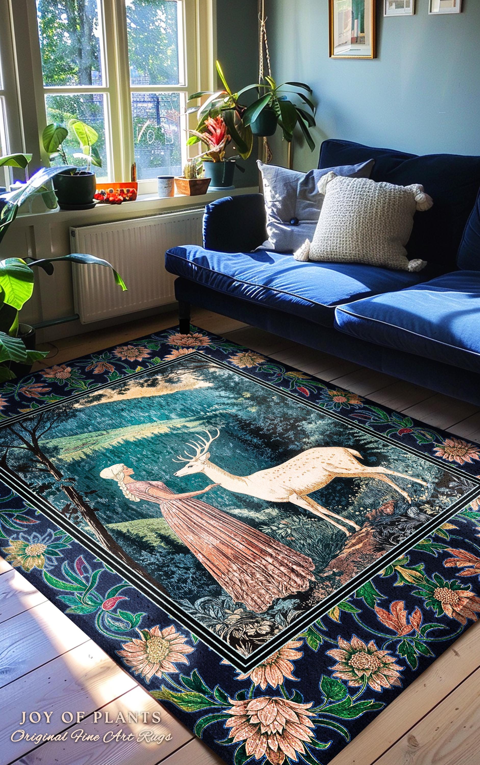 Victorian Floral Fantasy Area Rug | Ornate Botanical Landscape Accent Rug Maximalist Gothic Folklore Whimsical Bedroom Carpet Elven Princess