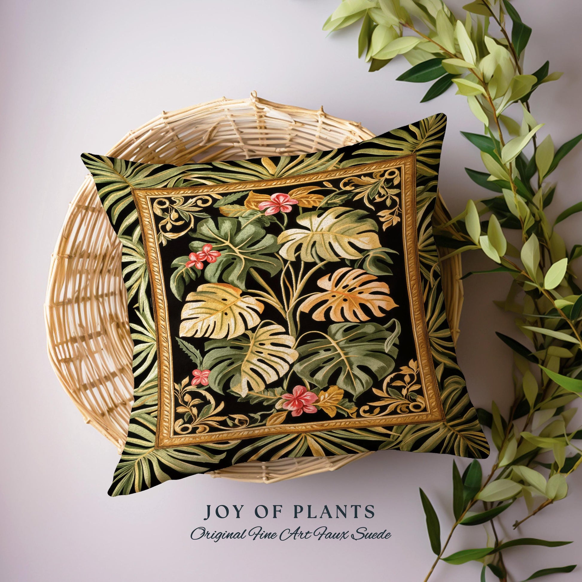 Trendy Tropical Leaves Woven Pillow | Whimsical Wall Art Monstera Tapestry Cushion for Plant Lovers Maximalist Jungle Cottagecore Whimsy |