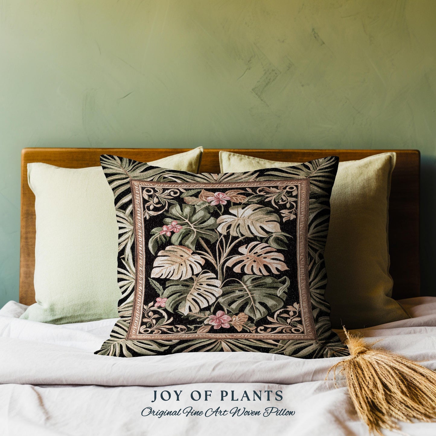 Trendy Tropical Leaves Woven Pillow | Whimsical Wall Art Monstera Tapestry Cushion for Plant Lovers Maximalist Jungle Cottagecore Whimsy |