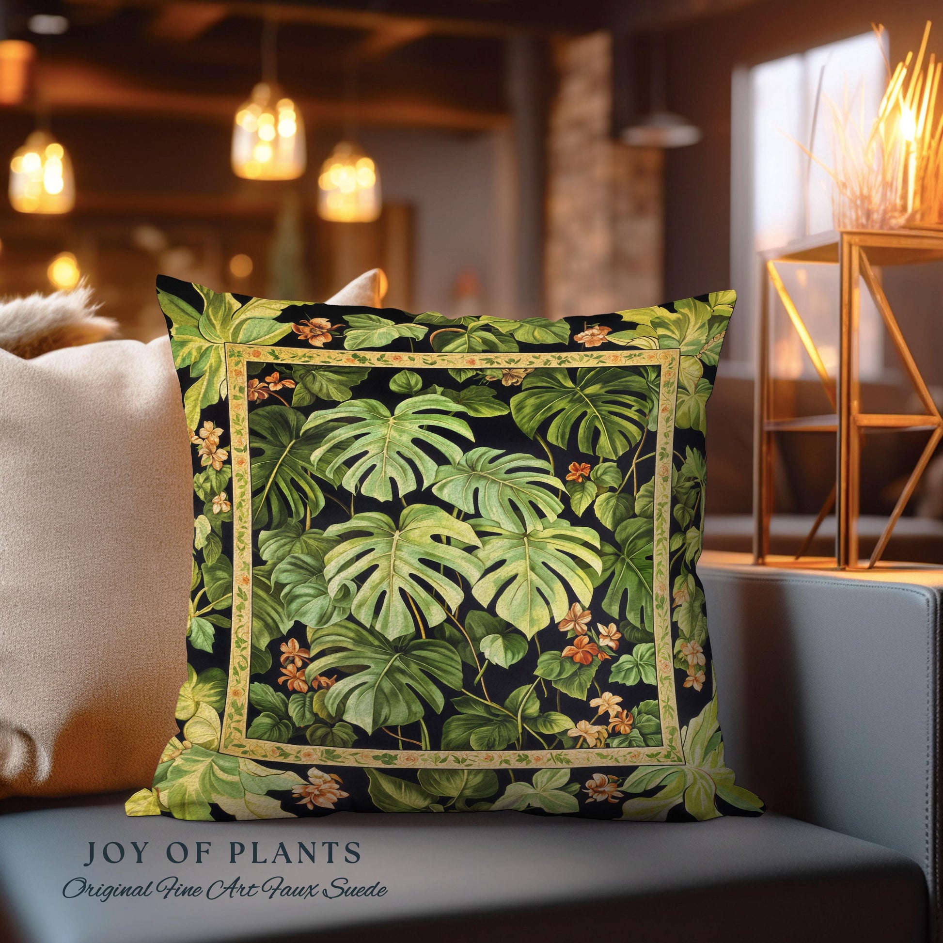 Ethereal Monstera Woodland Botanical Pillow | Tropical Aesthetic Dark Floral Houseplant Lover Whimsical Home Decor Woven Tapestry Cushion |