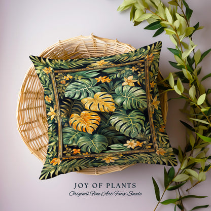 Floral Foliage Woven Monstera Pillow | Whimsical Cottagecore Charm Jungle Vibes Forestcore Woven Throw Pillow Enchanted Houseplant Lover |